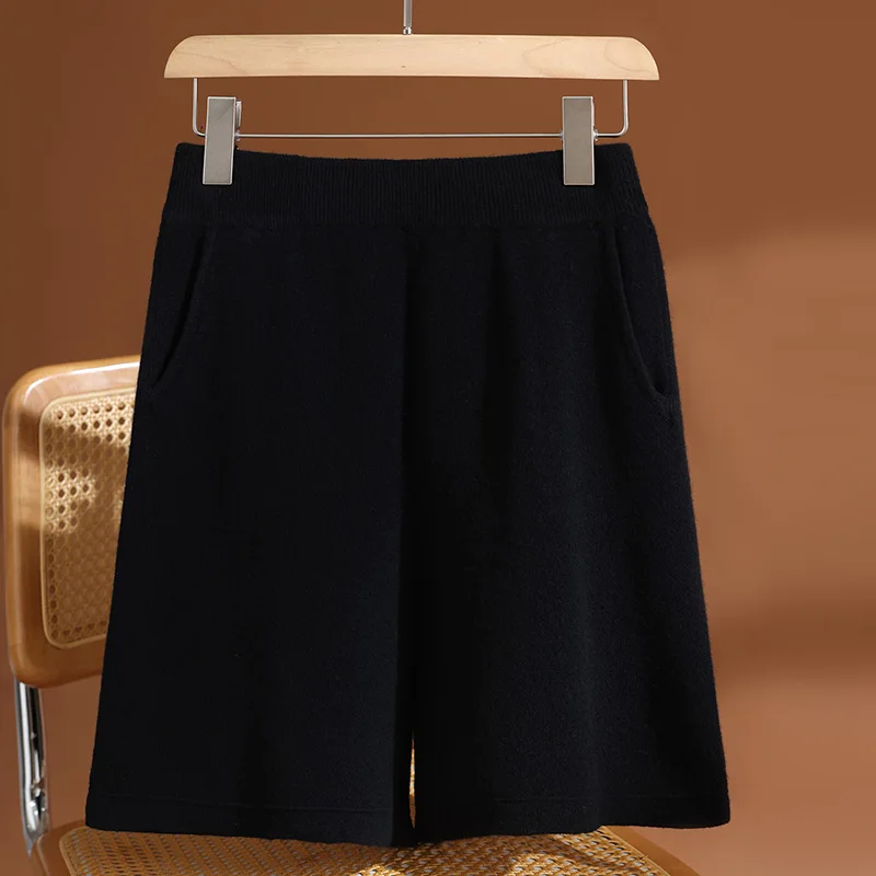 ADDONEE Women 100% Wool Knitted Short Pants Pocket Thick Basic Wool Pants Autumn Winter New Fashion Wool Knitwear Trousers