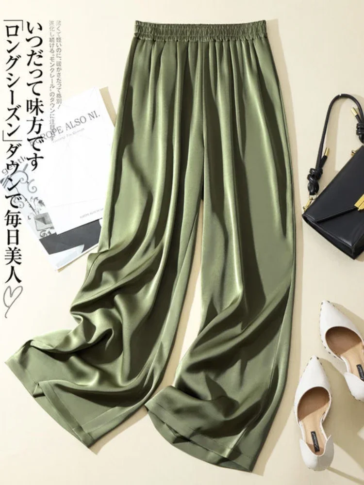 Ice Silk Wide-leg Pants Woman Summer 2024 Elastic Waist Satin Straight Trousers Solid Casual LOOSE  Acetate Women's Pants