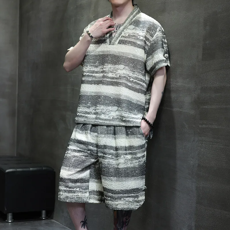 

Summer New Fashion Trend American Retro Short Sleeved T-shirt Set For Men's Casual Loose Sports High-Quality Two-Piece Set