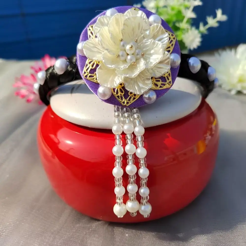 

Модная цветочная корейская повязка на голову с жемчужной кисточкой, повязка для волос ханбок, расшитая бисером, традиционный сценический танцевальный обруч для волос, детский