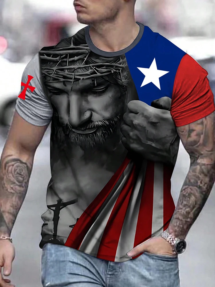 

Patriotic Jesus And US Flag Print Men's T-shirt Summer Everyday Fashion Men's T-shirt Outdoor Street Casual Short-sleeved Top