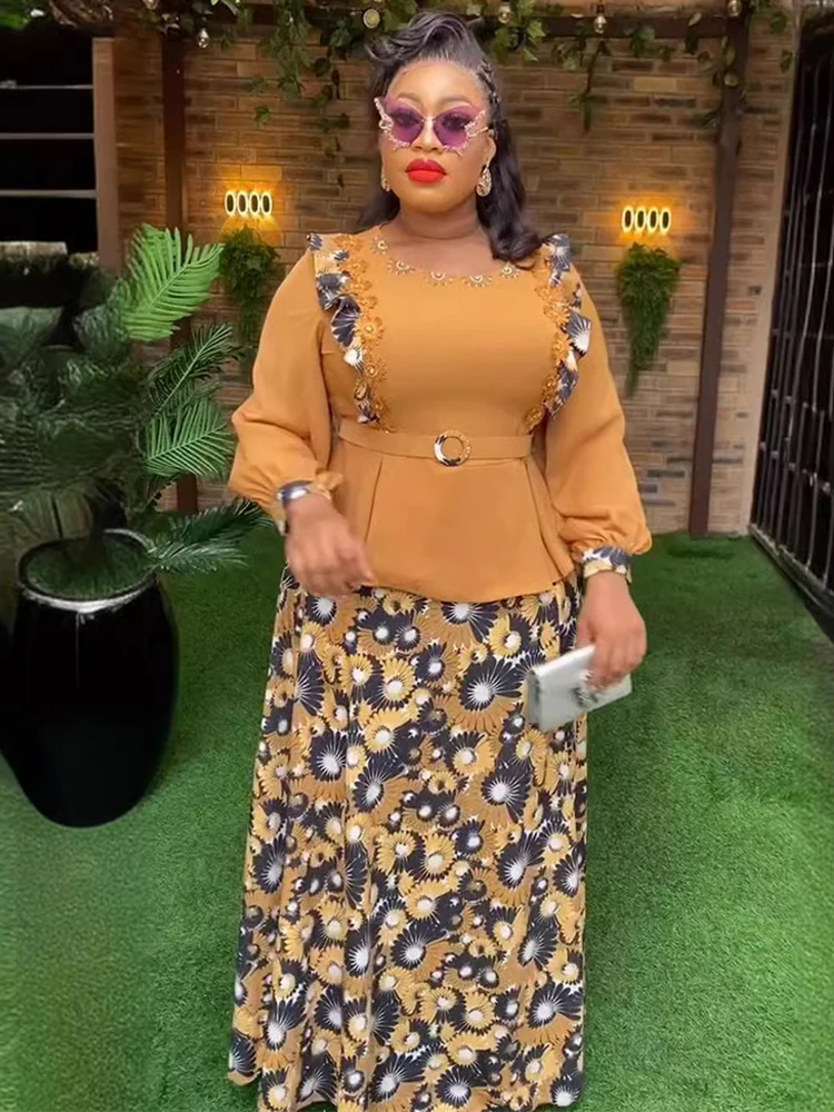 African Clothes For Women Chiffon 2 Piece Set Long Sleeve Tops Skirt Suit Dashiki Print Outfits 2026 Wedding Party Evening Dress