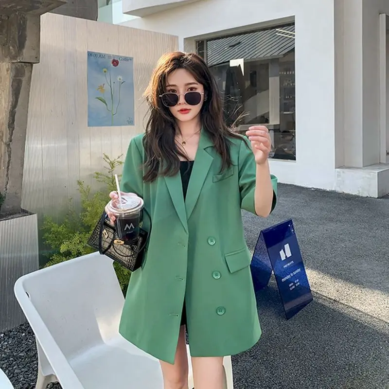 Oversized Blazer Women Mid-length Short Sleeve Suit Jacket Summer Trend Loose Thin Coats Casual  Blazers Fashion Design Jackets