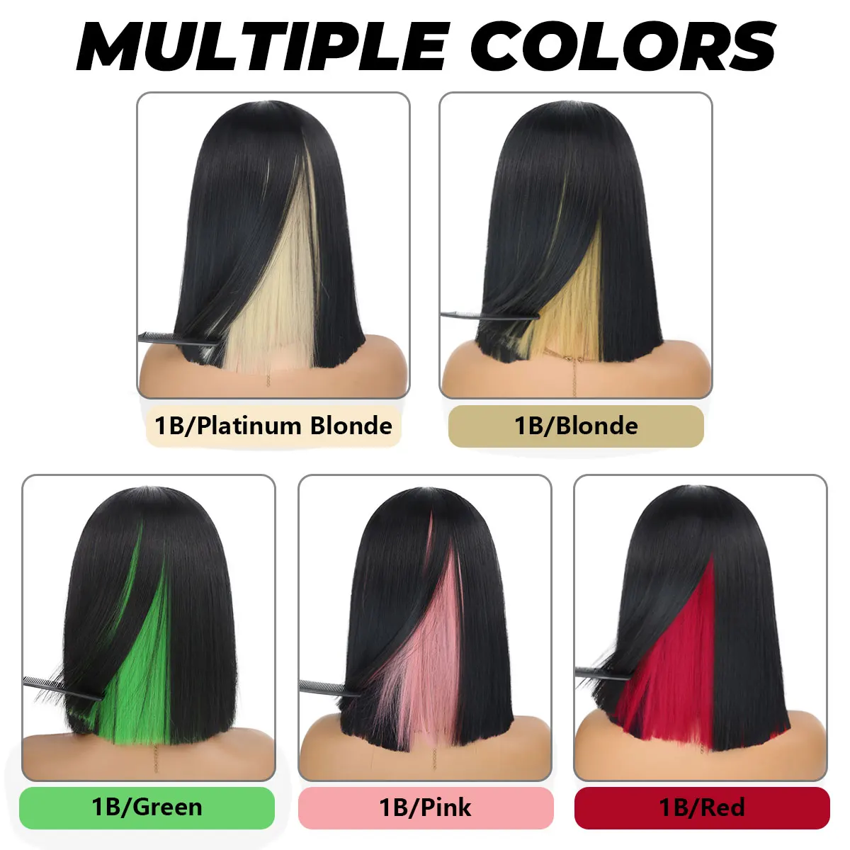 Peekaboo Bob Wigs Synthetic Short Straight Bob Wig for Women Shoulder Length Green Red Pink Yellow Bob for Daily Party Use