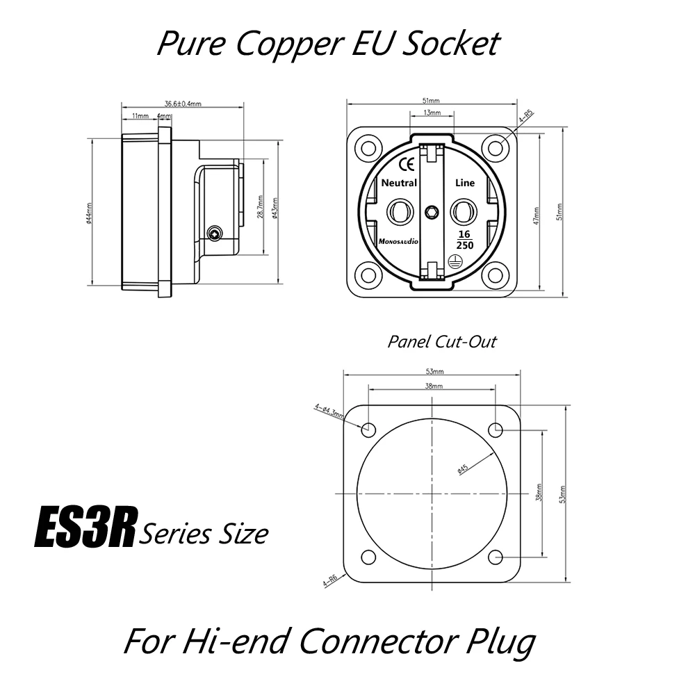 1Pcs ES3R Reinem Kupfer Steckdose EU Schuko Buchse Rhodiniert AC 250V 16A EU Euro 2Pin IEC einlass Schuko Chassis Socke – Detail 3