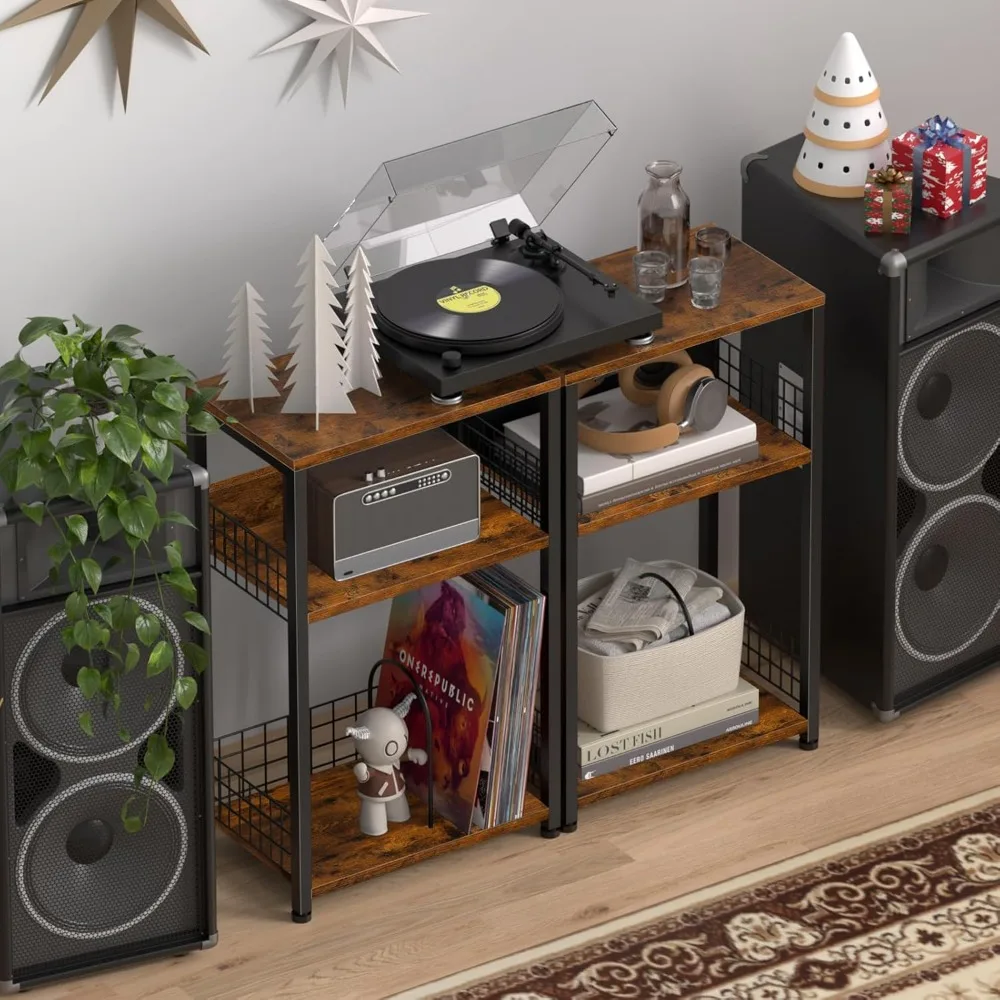 End Table with Charging Station, Brown Nightstand for Small Spaces,3 Tier Record Player Stand with Vinyl Storage Shelf