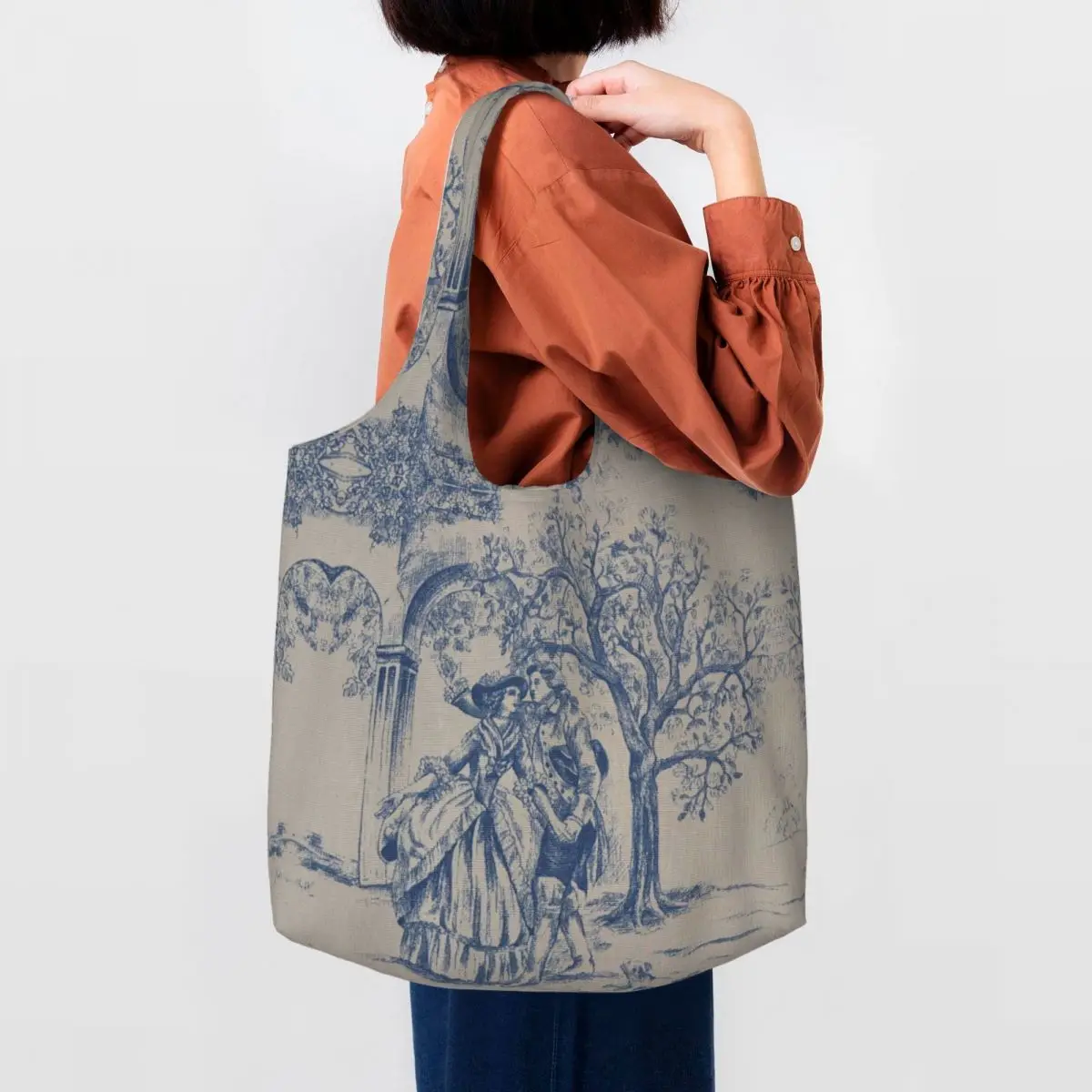 Vintage Classic French Toile De Jouy Navy Blue Motif Pattern Shopping Tote Bags Reusable Groceries Canvas Shopper Shoulder Bag