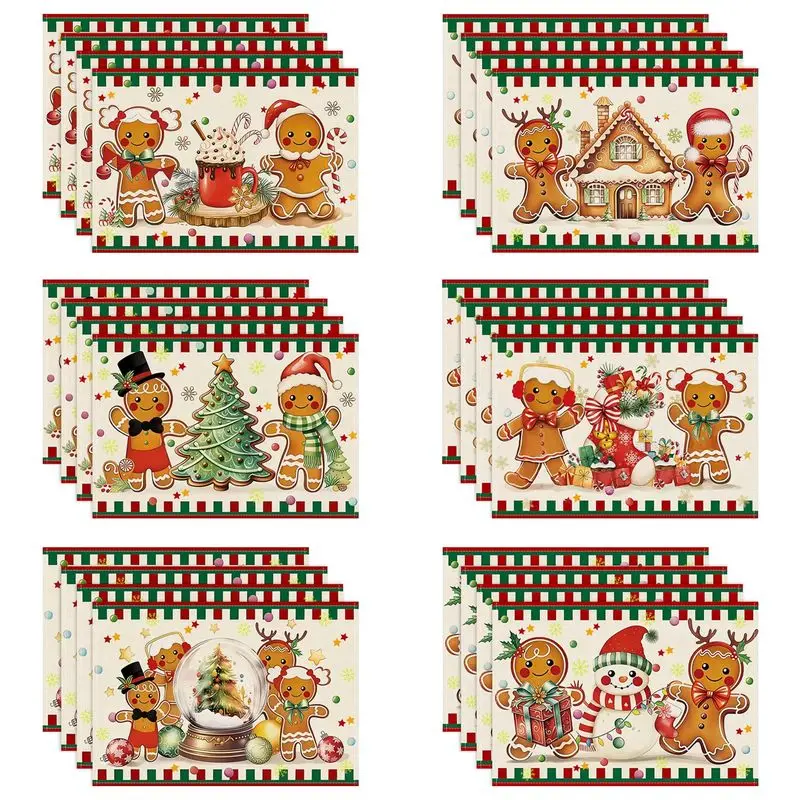 VIKAMA 2/4/6Pcs Christmas Gingerbread Man Placemats Set Xmas Cookie House Washable Heat‑Resistant Table Mats Dining Home Decor