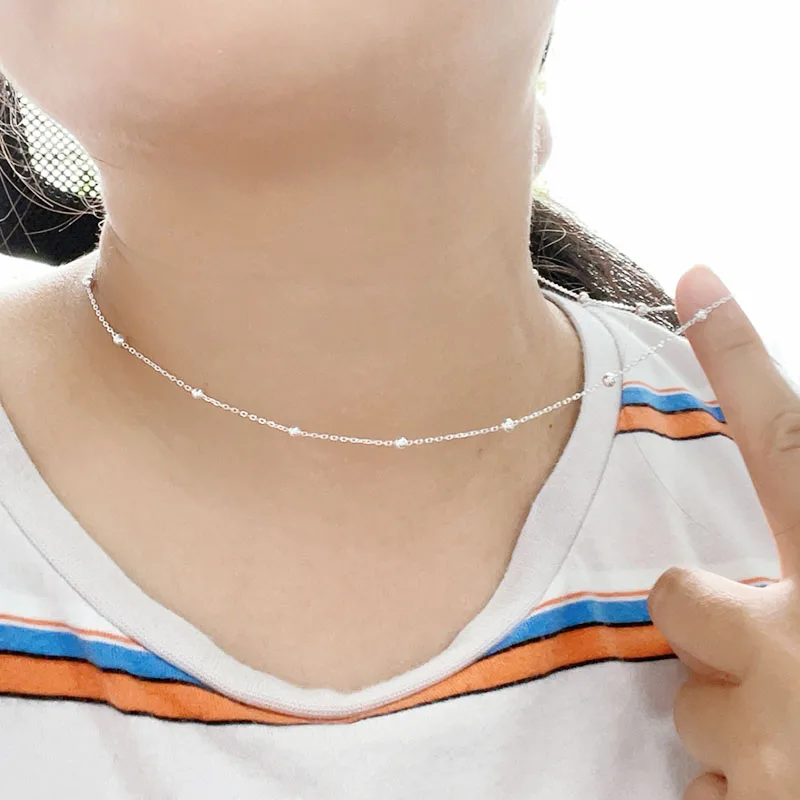 Women's Solid Pure Real 925 Sterling Silver Beads Cross Chain Necklace