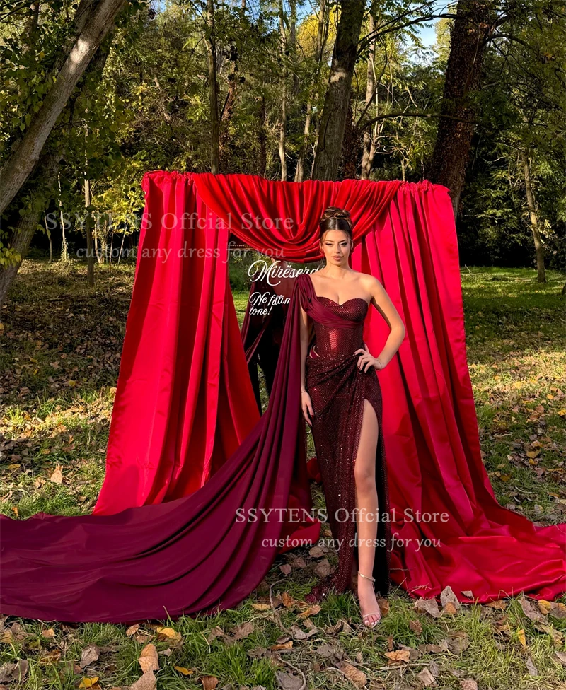 SSYTENS – robe de soirée de forme sirène, bordeaux, fente haute, asymétrique épaule dénudée, robe de bal à paillettes, pour occasions formelles, personnalisée