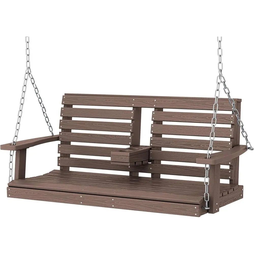 

Weatherproof Porch Swing with Cup Holders, Up to 660lbs Capacity, Brown for Outdoor Spaces