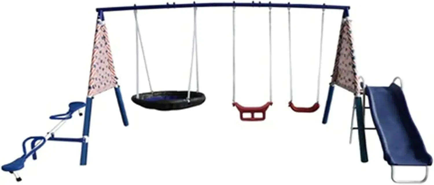 Freedom diversão metal a-frame crianças conjunto de balanço ao ar livre 7 criança capacidade quintal playground brinquedo conjunto com slide, 3 tipos de balanço e ver