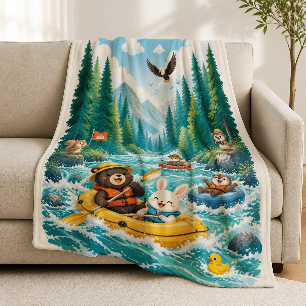 Woodland Animal Print Throw Blanket for Sofa Kids Room Decor Cute Bear Family Forest River Scene Cozy Fleece Throw