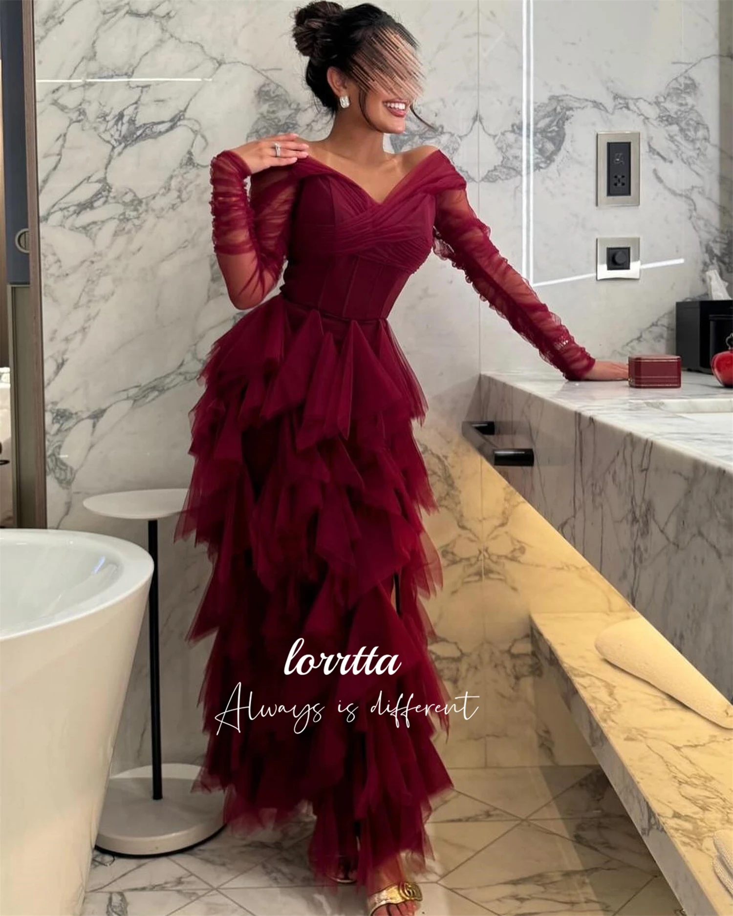 

Lorrtta Long Sleeves Evening Dress Deep Red Puffy Skirt Party Prom Dresses 2024 Women Ball Gowns Robes De Cocktail فساتين سهرة