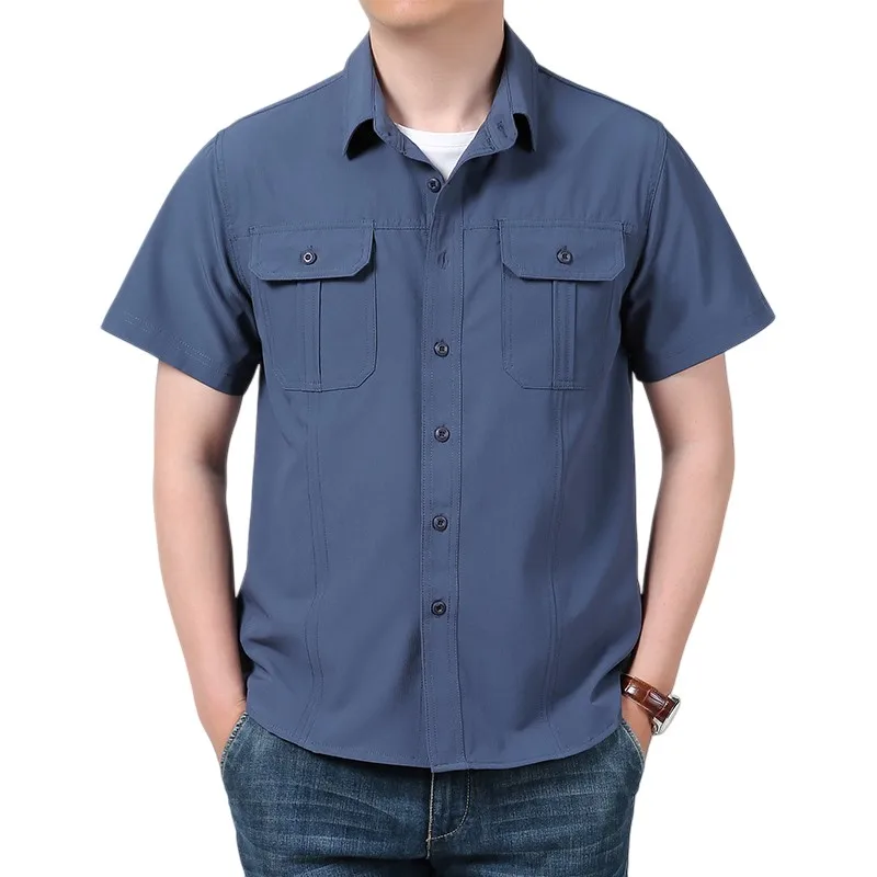 Men's Short Sleeve Fishing Shirt Men Casual Cargo Work Shirts Outdoor Breathable Quick Dry Elastic Button Down Hiking Shirts