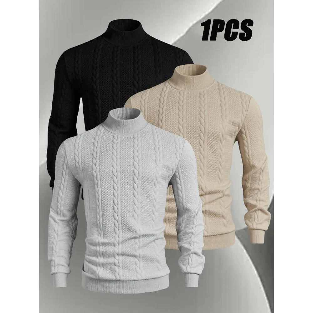 Men's Spring Autumn Casual Pullover Fashion High Neck Hoodie Solid Color Knitted Jacquard Sweater Round Neck Long Sleeve Tops