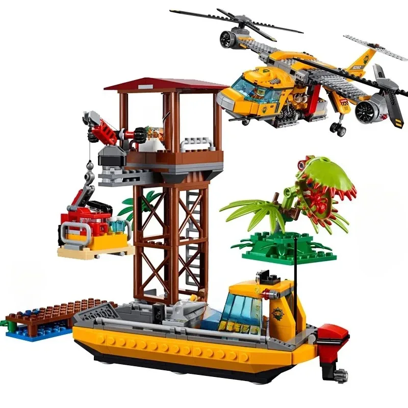 Compatible MOC Sets City Series 60162 Jungle Air Drop Helicopter Building Blocks Exploration Site Bricks Toys For Boys Kid Gifts