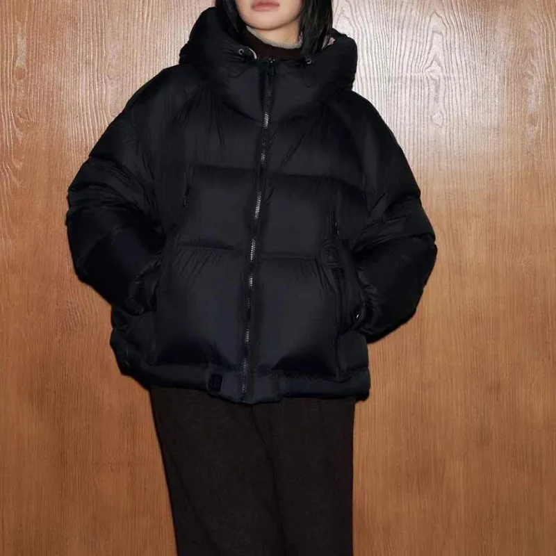 高品質レディースショートダウンジャケット無地90ダックダウンウエストルーズフード付きダウンコート女性用秋冬新作2025