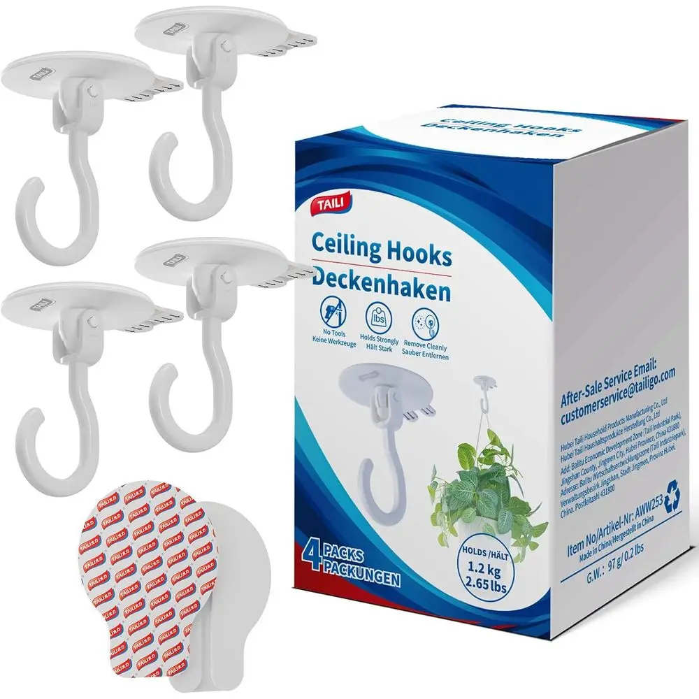

Прочные съемные клейкие крючки для потолков, идеально подходят для подвешивания растений, светильников и многого другого — 4 штуки, белые, подходят для арендаторов