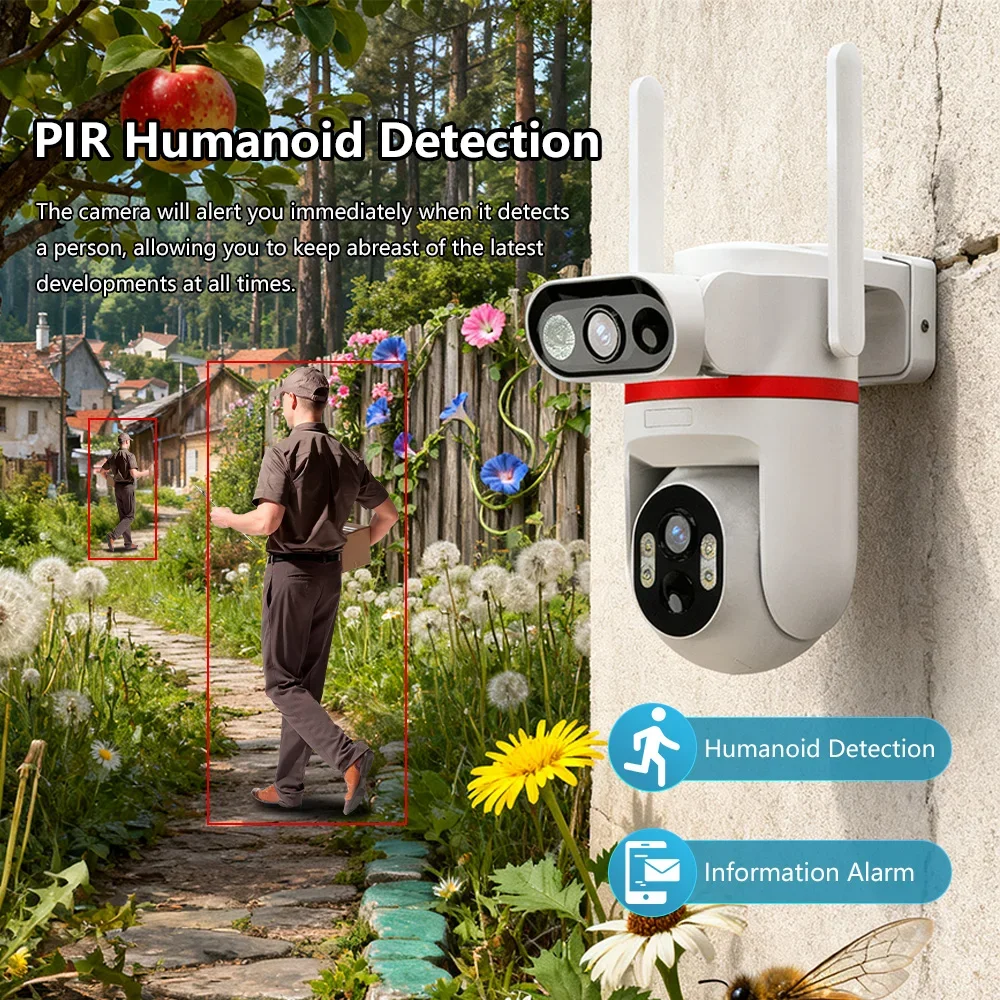 ﻿   Telecamera di sicurezza solare a doppio obiettivo 4K 8MP Telecamera esterna 4G PTZ con tracciamento automatico Visione notturna a colori Telecamere CCTV Dual PIR IP66 impermeabili