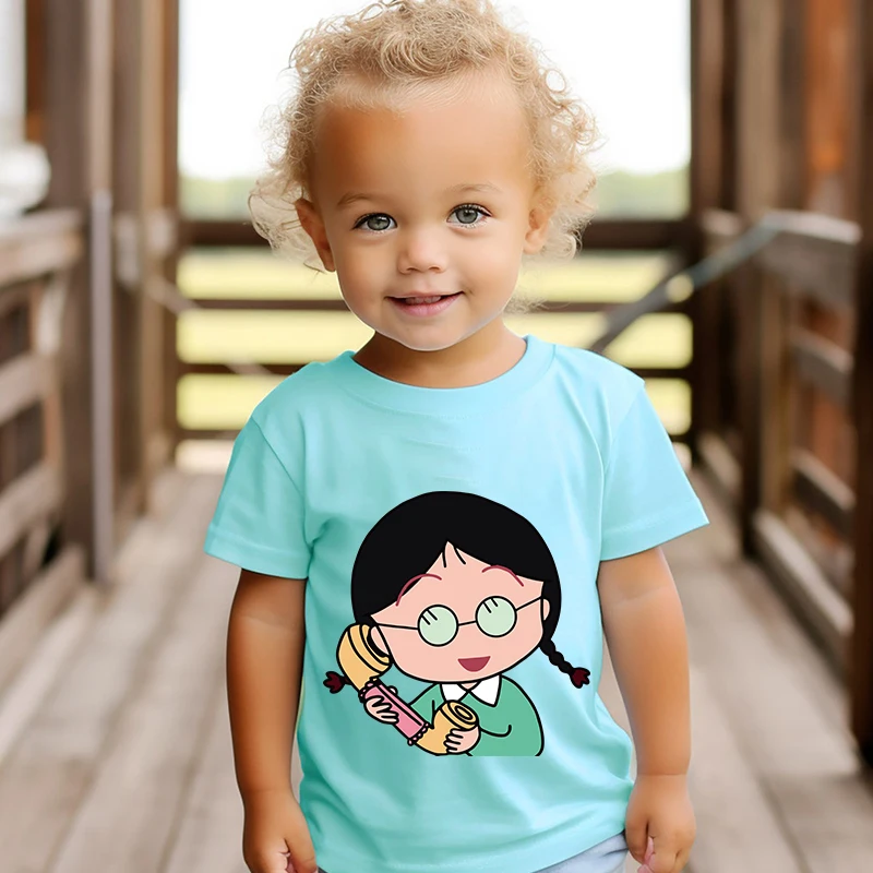 Chibi maruko-chan impresso t-shirt de algodão para crianças, manga curta, adequado para meninos e meninas, casual, azul, verão