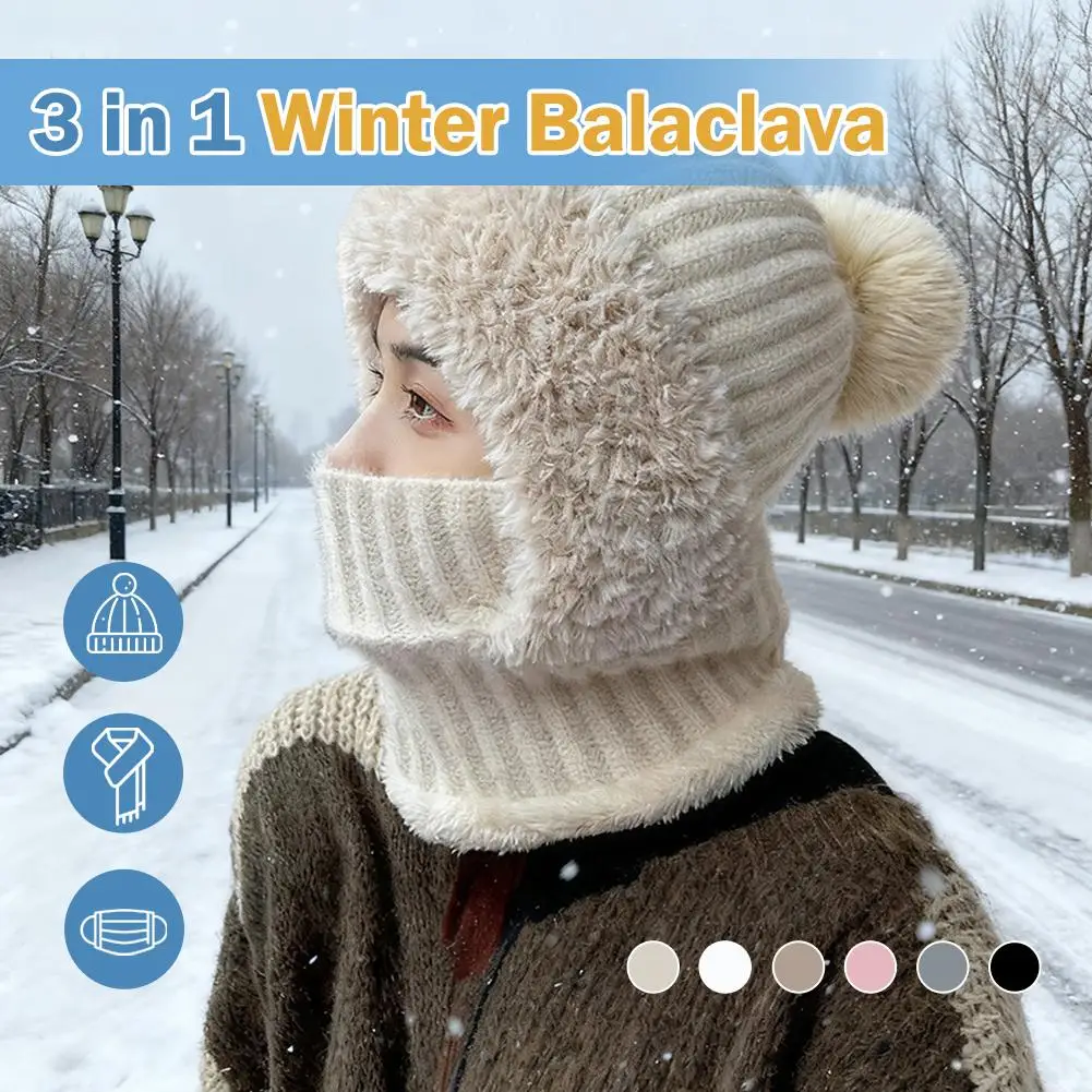 Gorro de punto grueso, bufanda, máscara de una pieza, gorro cálido de invierno para mujer, protección facial completa, pasamontañas a prueba de viento con capucha