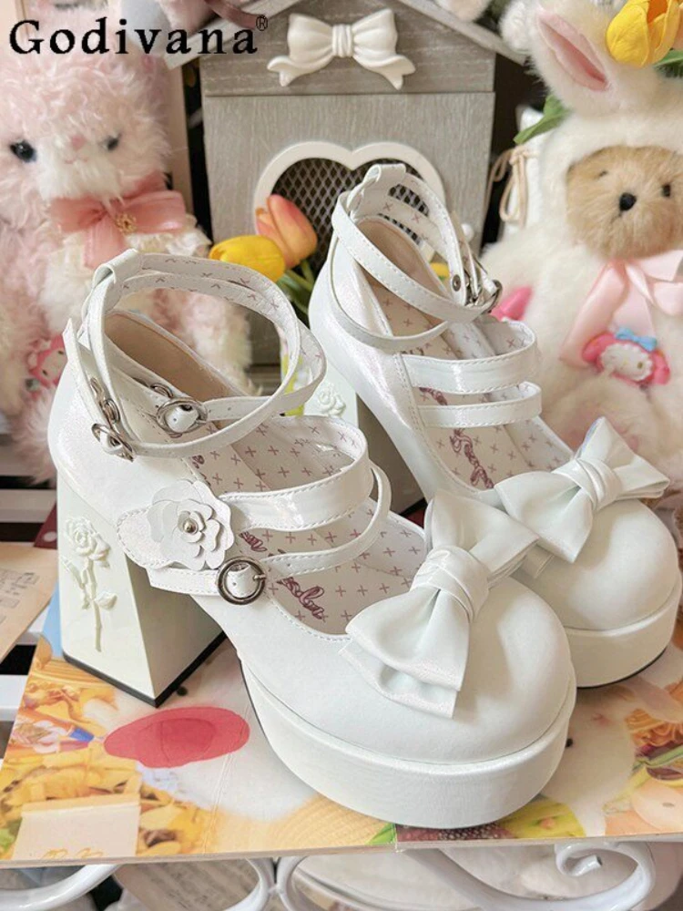 

Elegant Retro Original Lolita Jk Uniform High Heels Bow Rose Round Head Thick Heel Thick Sole Mary Jane Leather Single Shoe