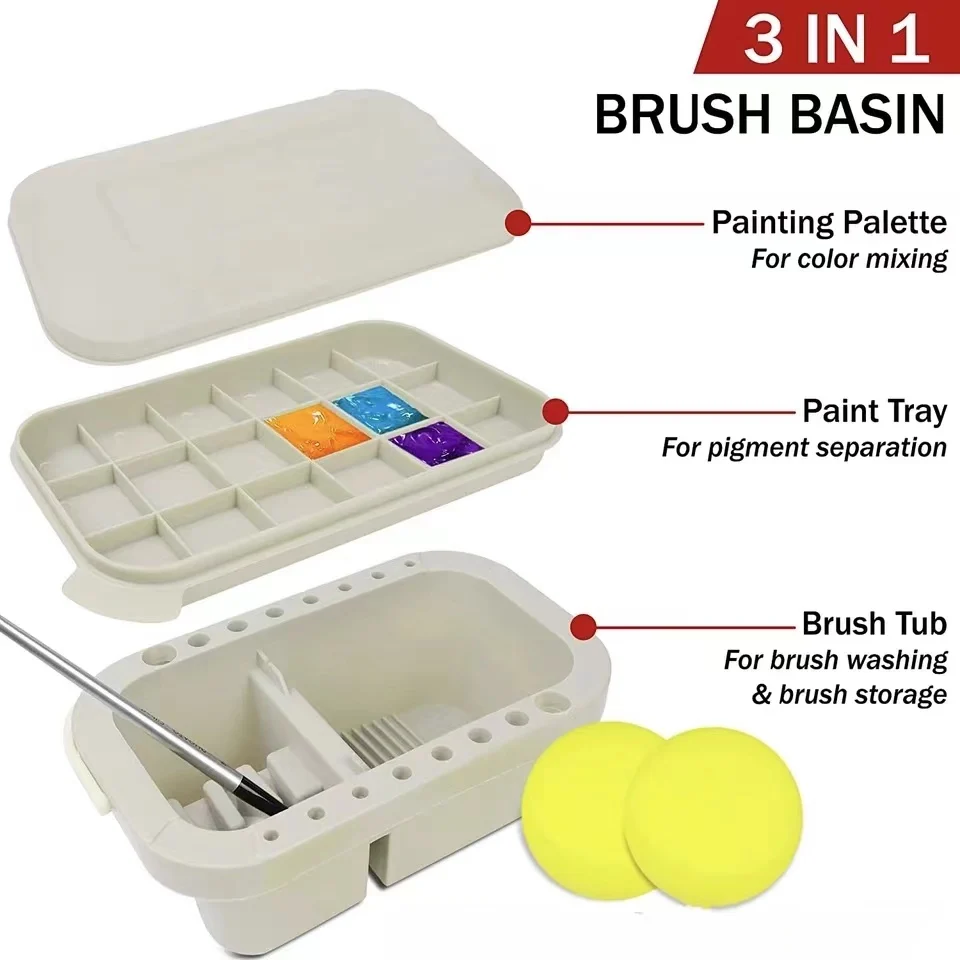 1 Set Paint Brush Cleaner Washer Multifunction Painting Brush Washing Bucket Tool Basin Holder Tray Palette Lid 2 Paint Sponges