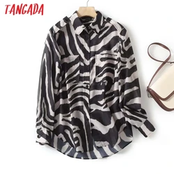 Tangada 2023 New Women High Quality Zebra Print Blouse Long Sleeve Ladies Loose Chiffon Top 4C110