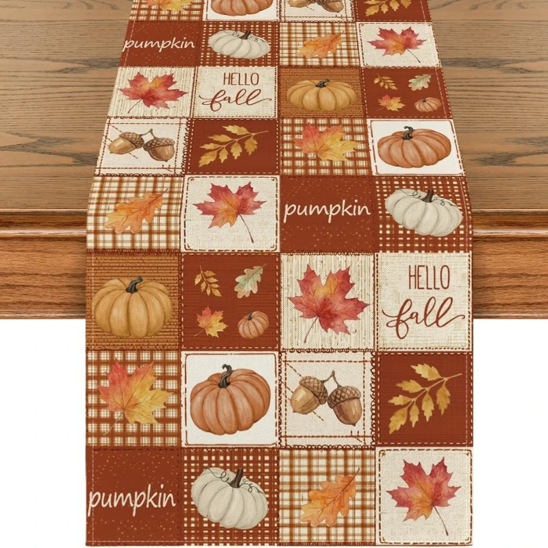 Hello Fall Table Runner 1pc, Plaid Pumpkins Maple Leaves Hello Fall Table Runner, Seasonal Autumn Kitchen Dining Table Decoratio