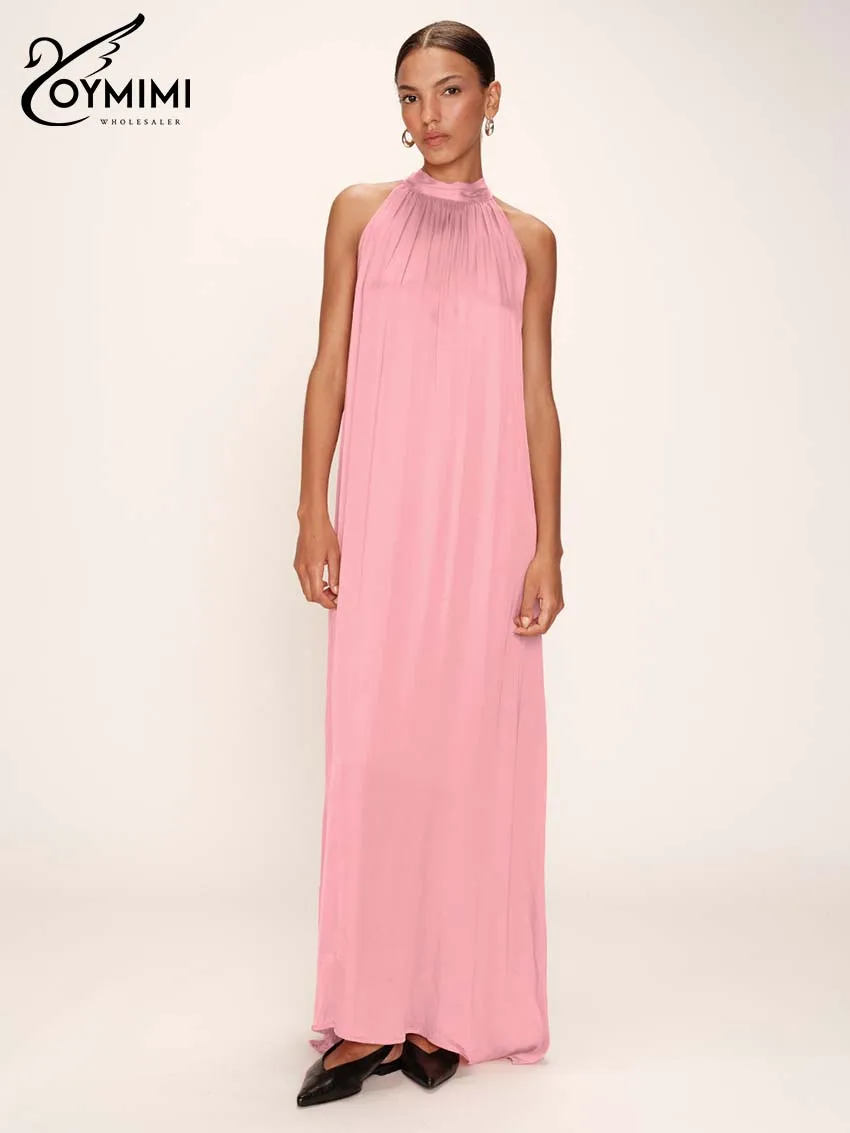 

Oymimi Elegant Pink Loose Dresses For Woman Fashion Lace-Up Neck Sleeveless Simple Dresses Casual New Solid Ankle-Length Dress