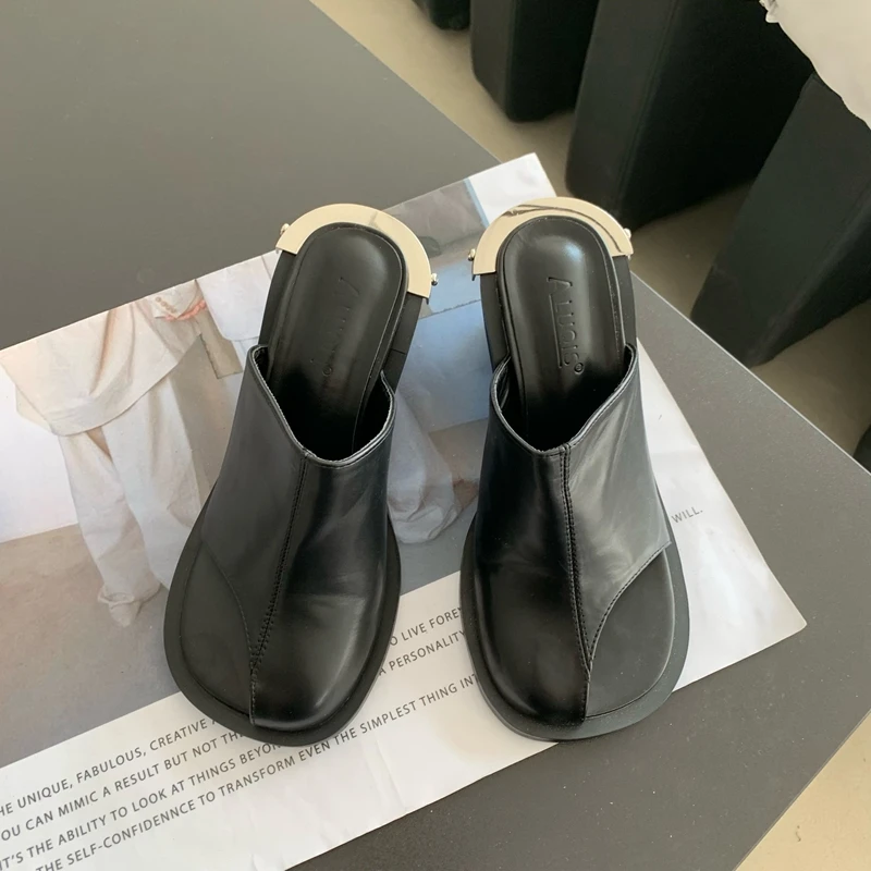 2023 French Style Fashion Women Slippers External Exposed Toe Mid Heel Shallow Lazy Slip on Boat Mules Shoes Soft Loafers