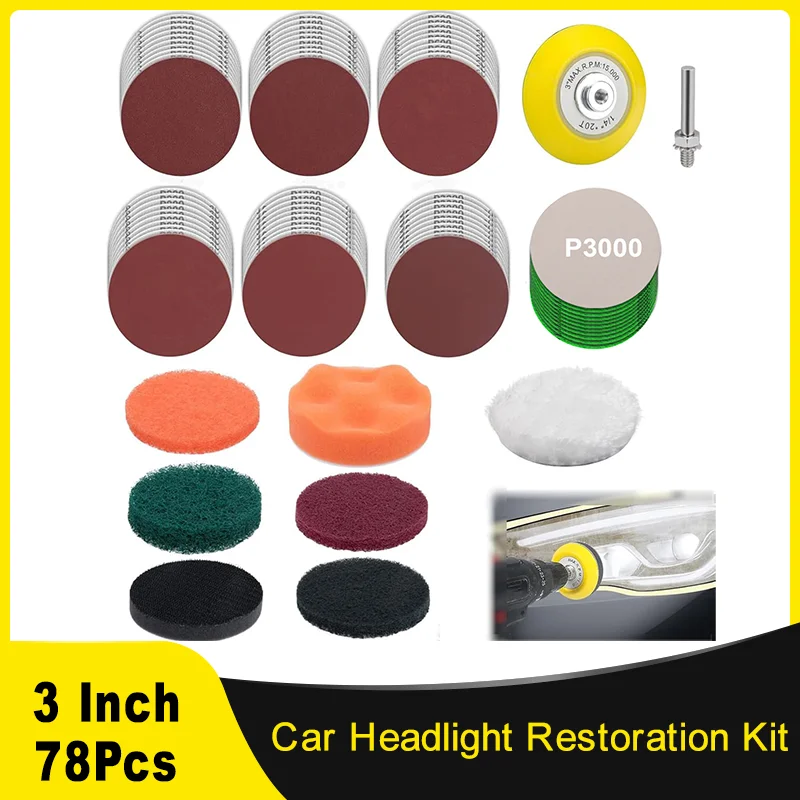 78 PCS Car Headlight Restoration Kit 3inch 75MM Hook Loop Sandpaper Buffing Pads with Rotary Tools Universal for Car Headlights