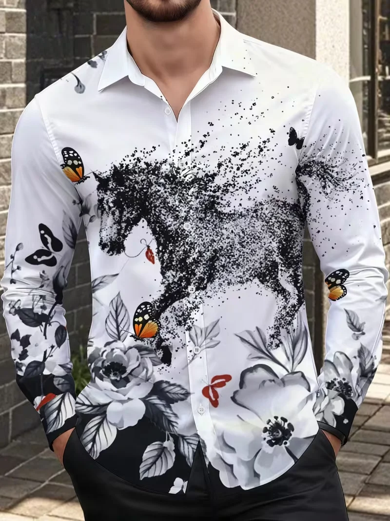 New men's gold thread vine small flower contrasting printed long sleeved shirt smooth satin lapel top clothing