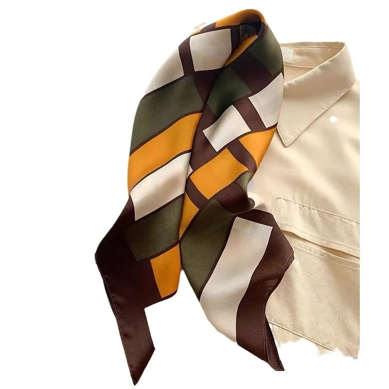 

Retro Geometric Print Satin Silk Scarf for Women 65cm Square Neck Scarf Headband Bag Accessory Elegant Office Neckerchief