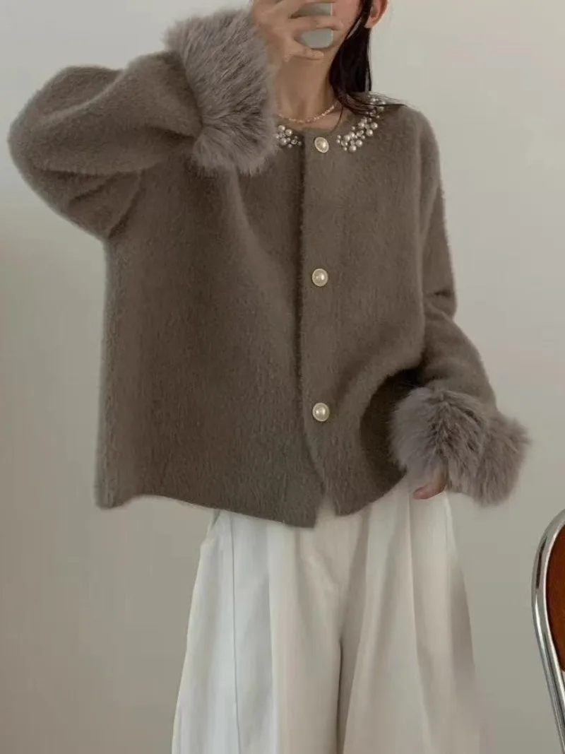 Imitação de vison veludo malha cardigan 2025 outono e inverno novas senhoras frisado camisola casaco feminino manga longa pele cardigan