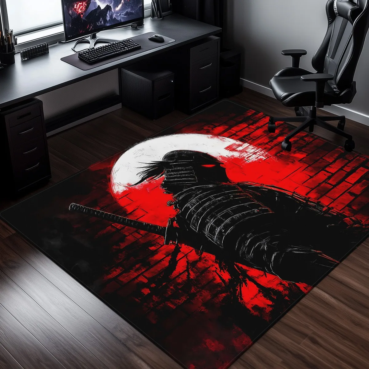 Samurai Warrior Red Moon Background Crystal Velvet Rug Japanese Anime Style Gaming Room Decor Dark Moody Aesthetic Carpet