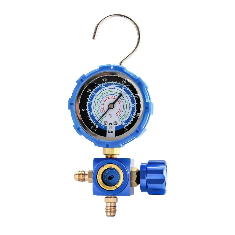 High Low Pressure Refrigerant Single Gauge Valve Car Household AC Freon Charging Gauge with Sight Glass Brass Connector