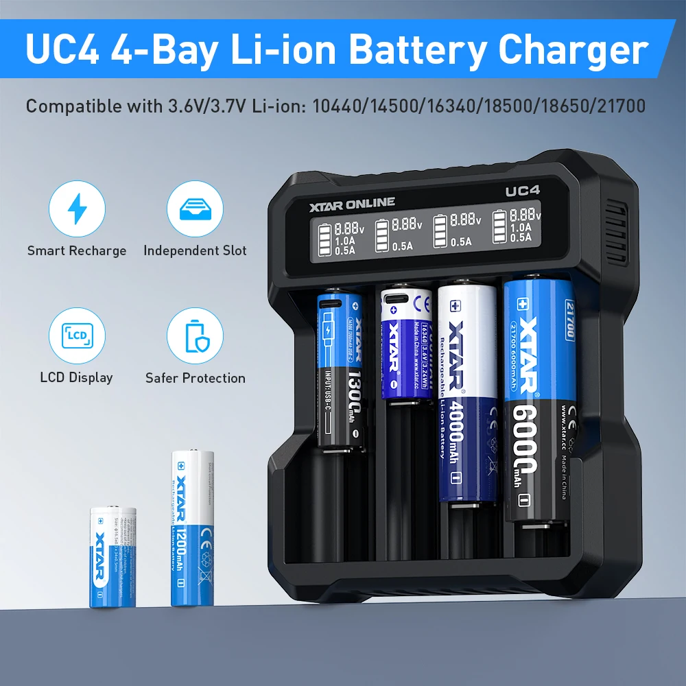 XTAR UC4 4-Slot LCD Smart Battery Charger for 18650 21700 3.6V/3.7V Li-ion Rechargeable Batteries Type-C Input  1A Fast Charge