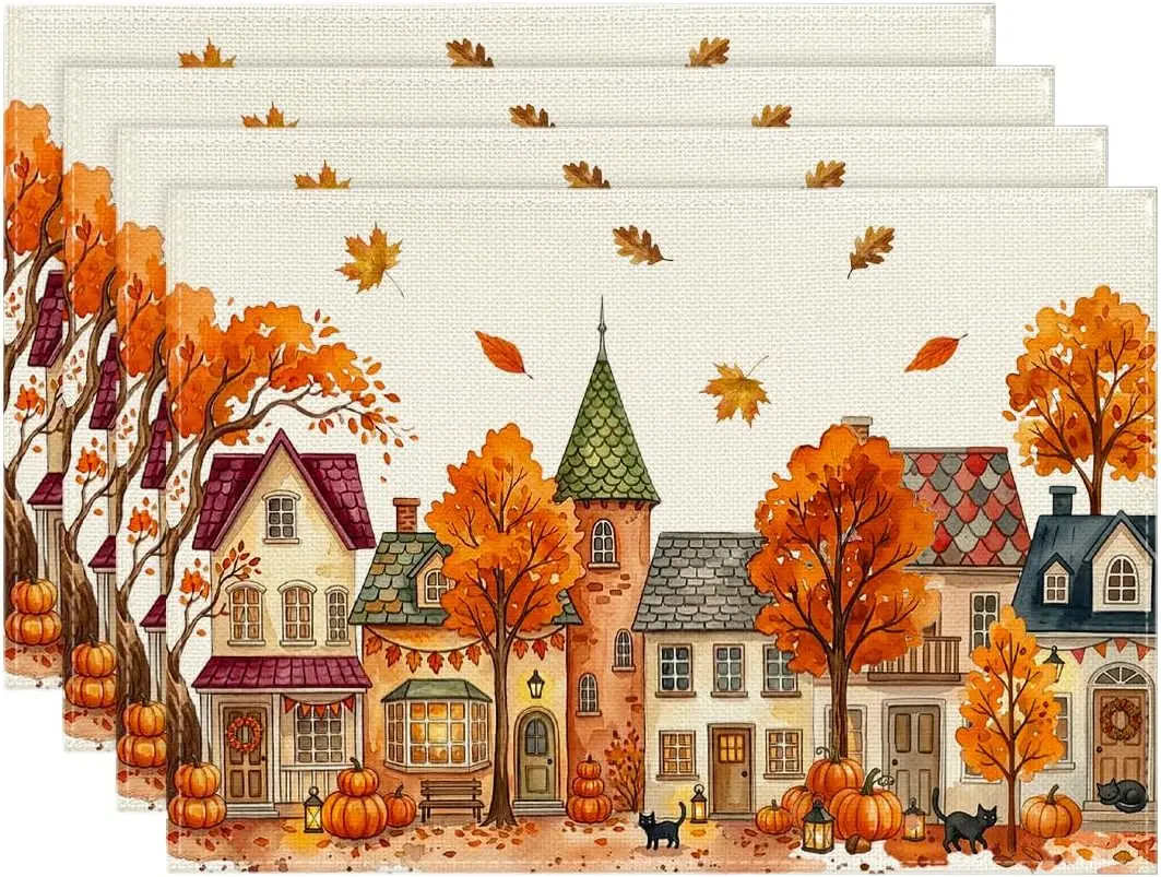 Pumpkin House Tree Fall Placemats Set of 4-12 x 18 Inch