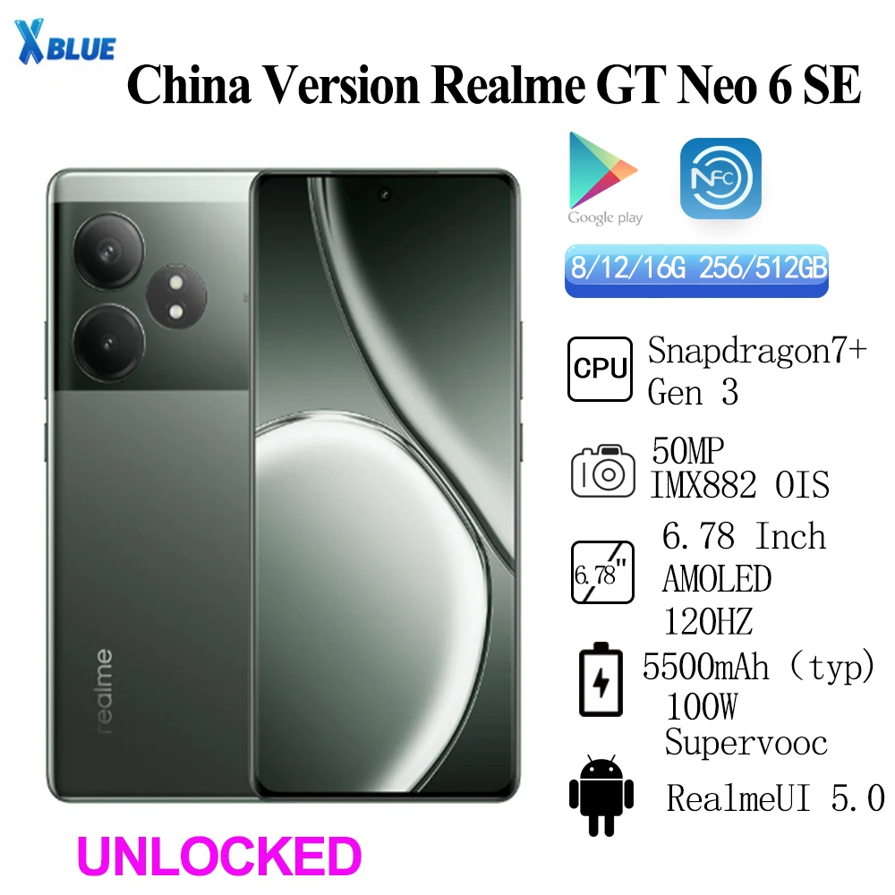 Original Realme GT Neo 6 SE Unlocked Sim Network Region Lock 6.78Inch 120Hz Snapdragon 7+ Gen3  50MP OIS 100W Supervooc 5500mAh