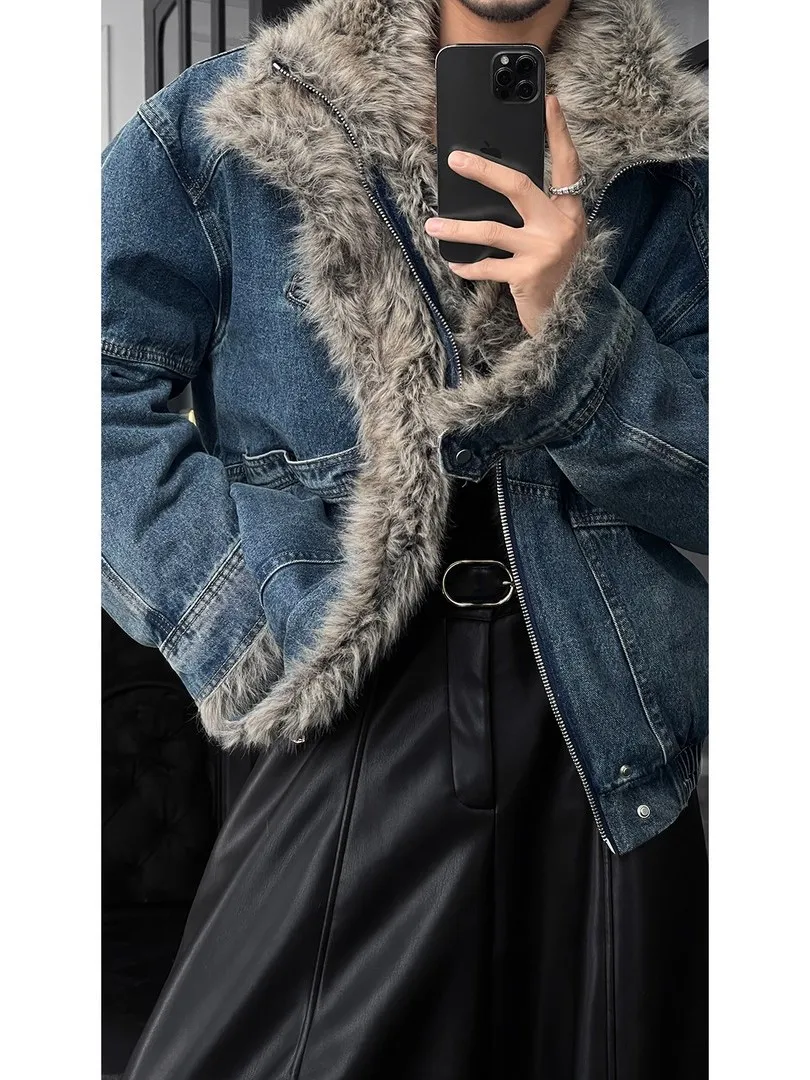 

Мужская утепленная хлопковая куртка в стиле ретро с меховым воротником и джинсовыми вставками, модный бренд, большие размеры, рабочая одежда