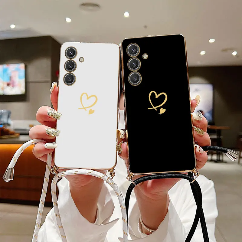 A55 Twin Hearts Lanyard Plating Phone Case For Samsung A55 A04S A34 A05S A35 A54 A15 A14 A24 A25 M15 F54 F15 M14 M54 Cover