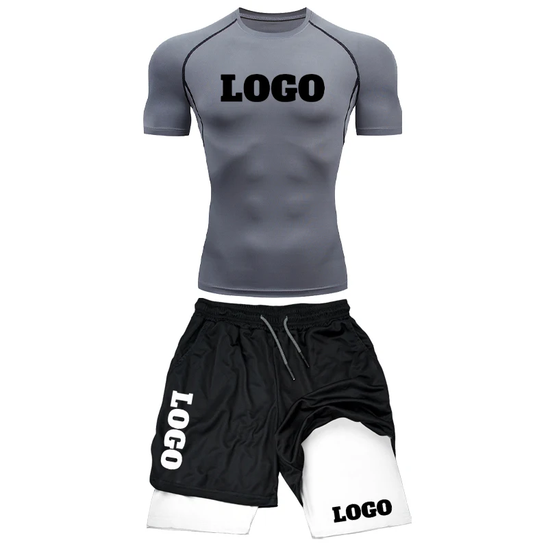 Nuevo conjunto de compresión personalizado, traje de Fitness para hombres, camisa de secado rápido, Tops + pantalones cortos de gimnasio, 2 uds.,