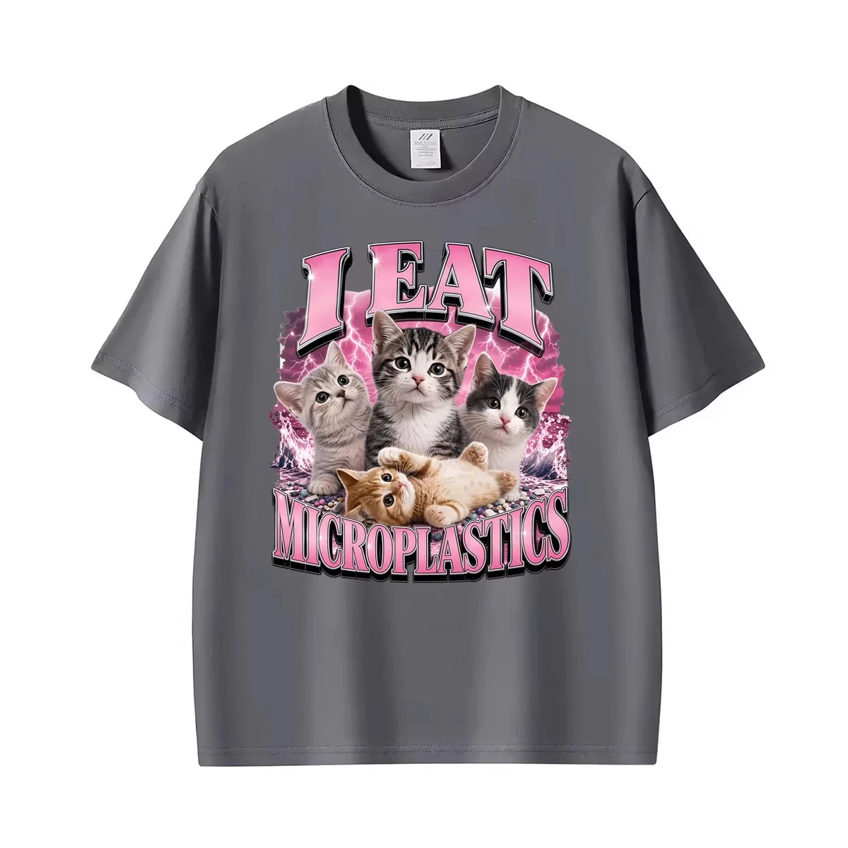 I Eat Microplastils Meme Funny Cat Unhinged Graphic T Shirts Men's Clothing Humor Loose T-shirt Cotton Casual T Shirt Streetwear