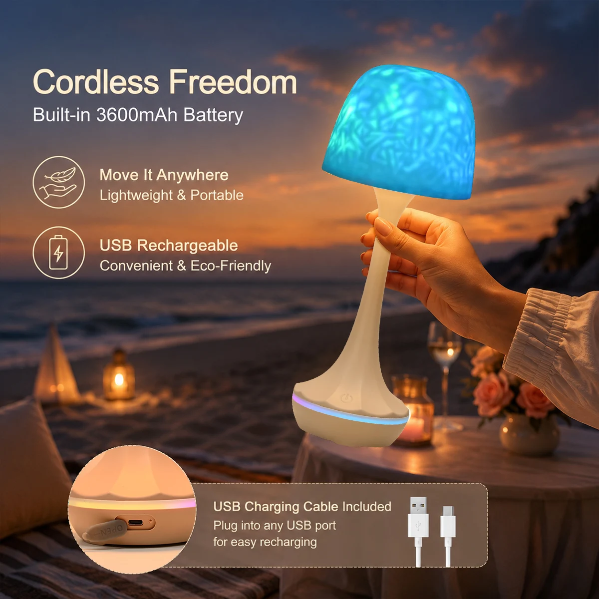 1. RGB Water Ripple Table Lamp USB Rechargeable Touch Remote Ocean Wave Projector Ambient Light Bedroom Decor