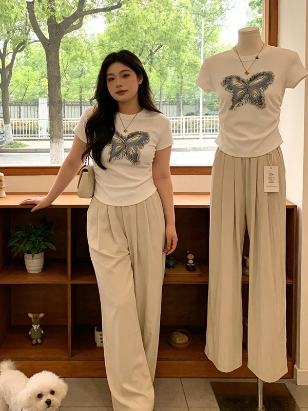 

plus Size Slim Fit Pure Desire Summer New American round Neck Short Sleeve T-Shirt Casual Pants Two Piece Set Women's Fashion