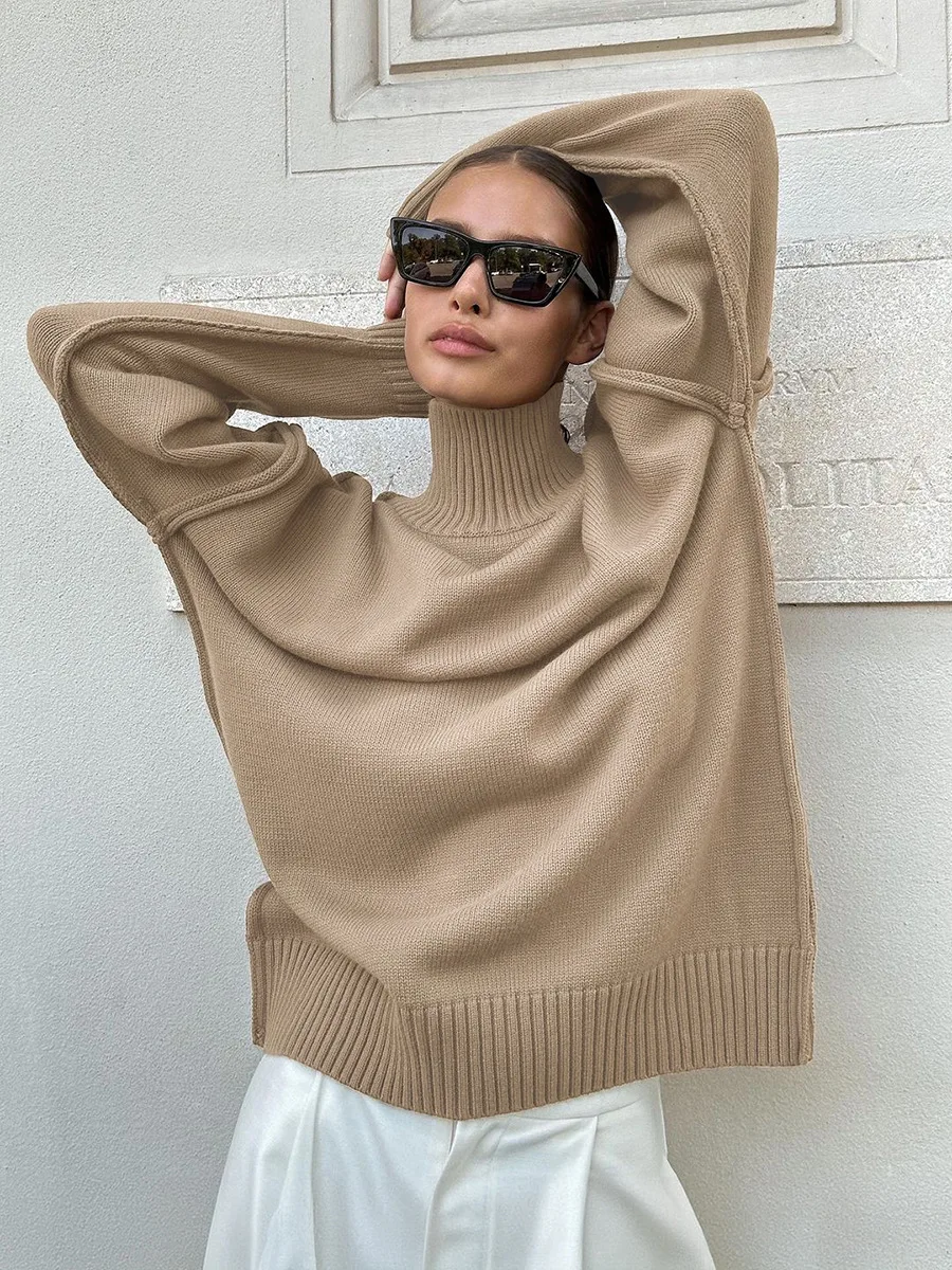 Bornladies Damen Einfarbiger Gestrickter Rollkragenpullover Herbst Winter Dicker Lockerer Lässiger Pullover Weiblicher Warmer Modischer Pullover – Detail 2