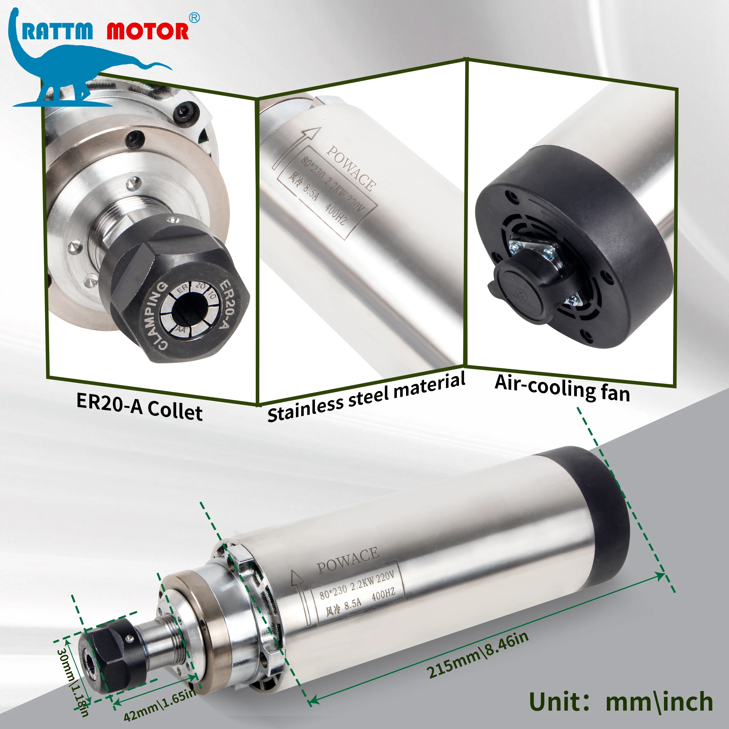 POWACE 2.2KW ER20 80x230 Air Cooled Cooling spindle motor With HY frequency converter For Woodworking CNC Machine