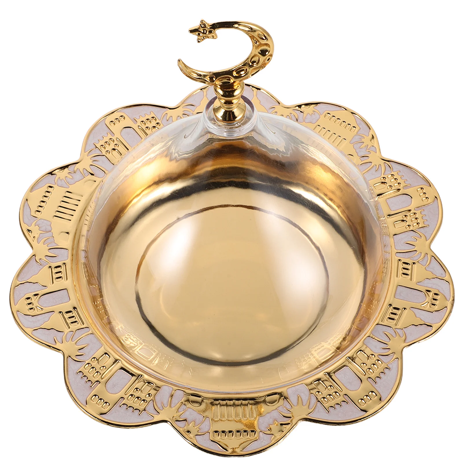 

Golden Iron Moon Star Dessert Display Stand with Acrylic Dome Lid for Ramadan Party Tray Covered Cake Stand Eid Mubarak Serving